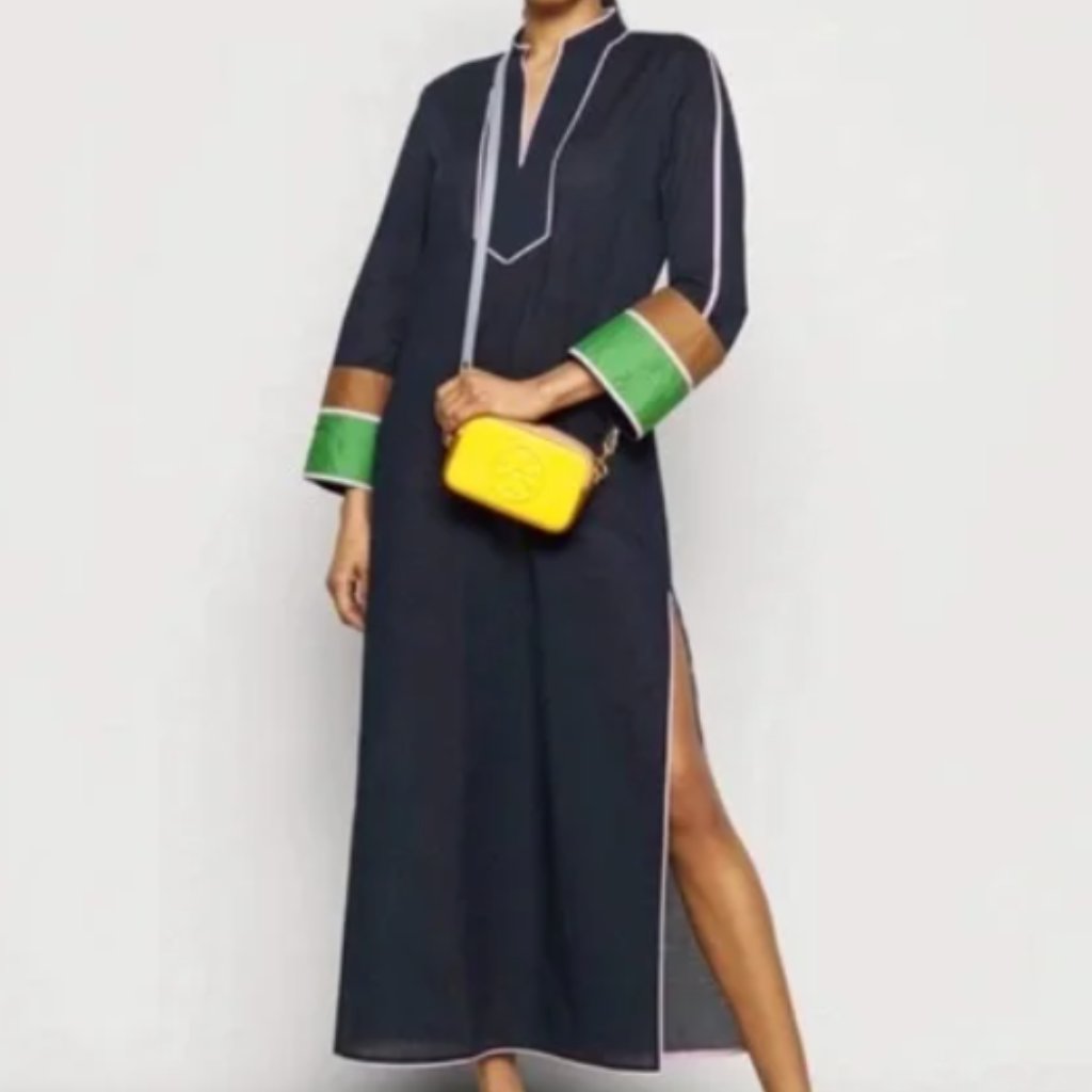 Tory Burch Colorblock Long Side-Slit Caftan Tunic Dress Dark Blue W. Pink Trim